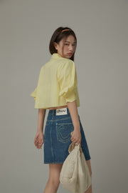 Puffy Sleeve Colored Pocket Crop Shirt