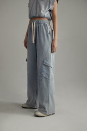 Elastic Waist Casual Diagonal Pocket Wide Leg Pants