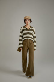 Color Combination Stripe Open Collar Knit Sweater