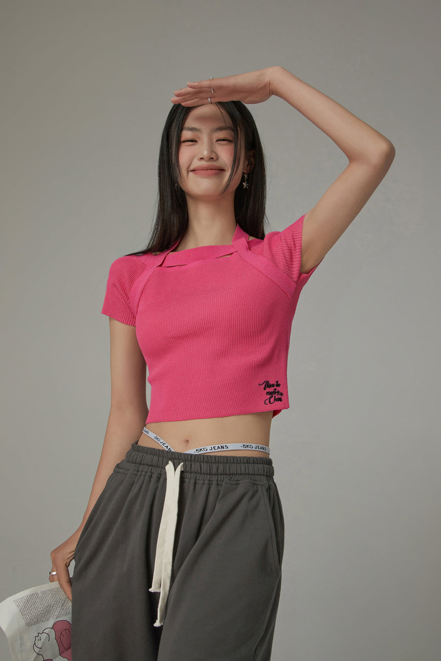 CHUU Halter Neck Banding Basic Short Sleeve Knit Crop Top