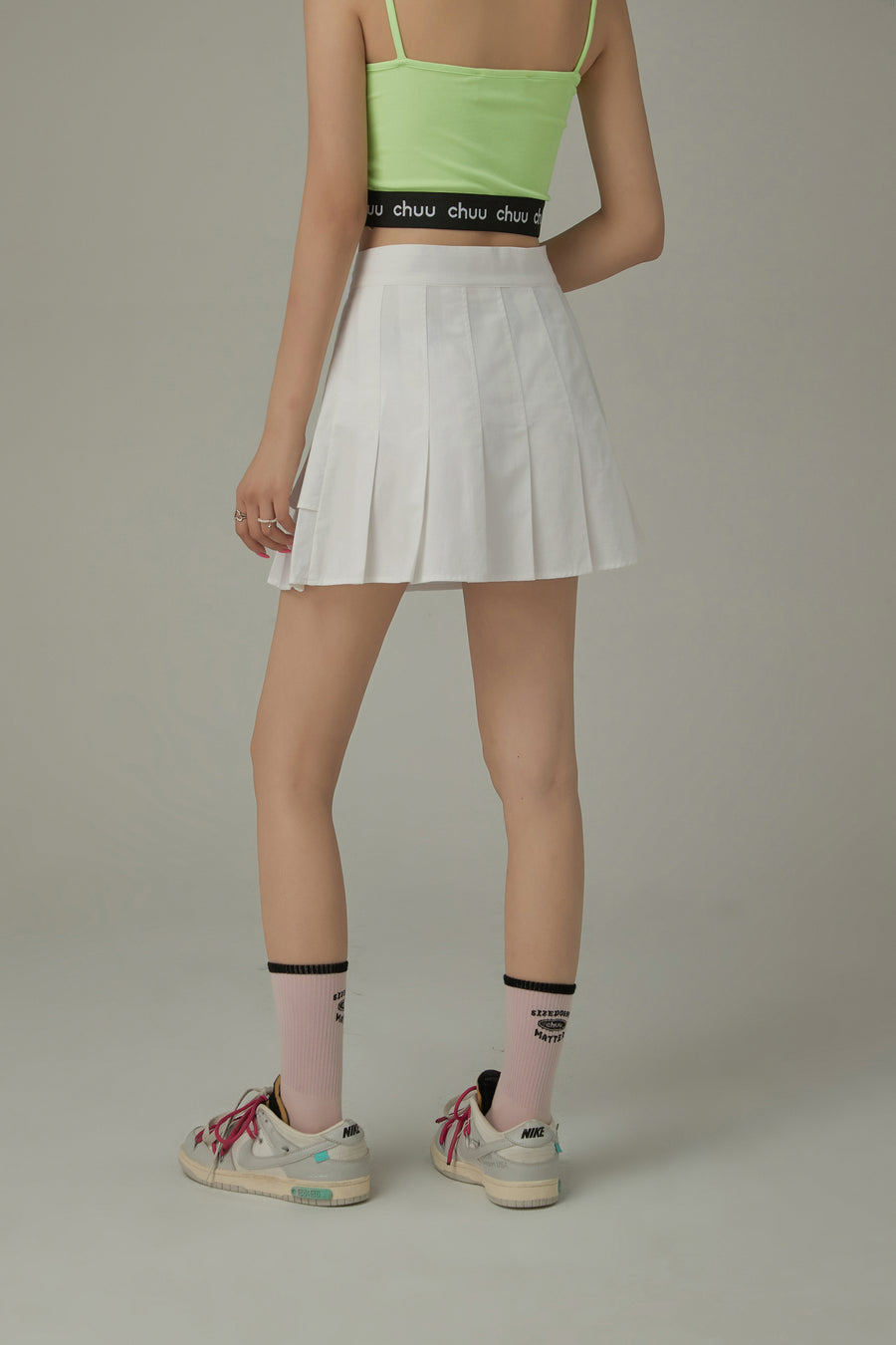 CHUU High Waisted Button Pleated Mini Skirt