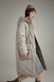 Hooded Logo Pocket Long Padded Coat