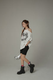 Off-The-Shoulder Jelly Fish Loose-Fitting T-Shirt