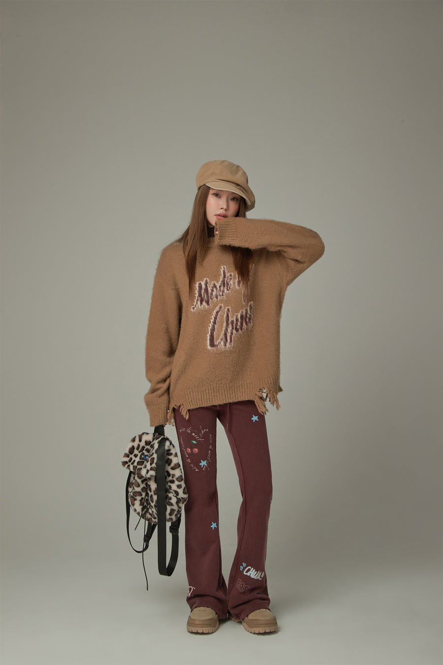 CHUU Logo Distressed Lettering Loose Fit Knit Sweater