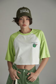 Cartoon Letter Print Colorblocked Raglan Cropped T-Shirt