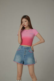 Gradient Round Neck Slim Short-Sleeved Cropped T-Shirt