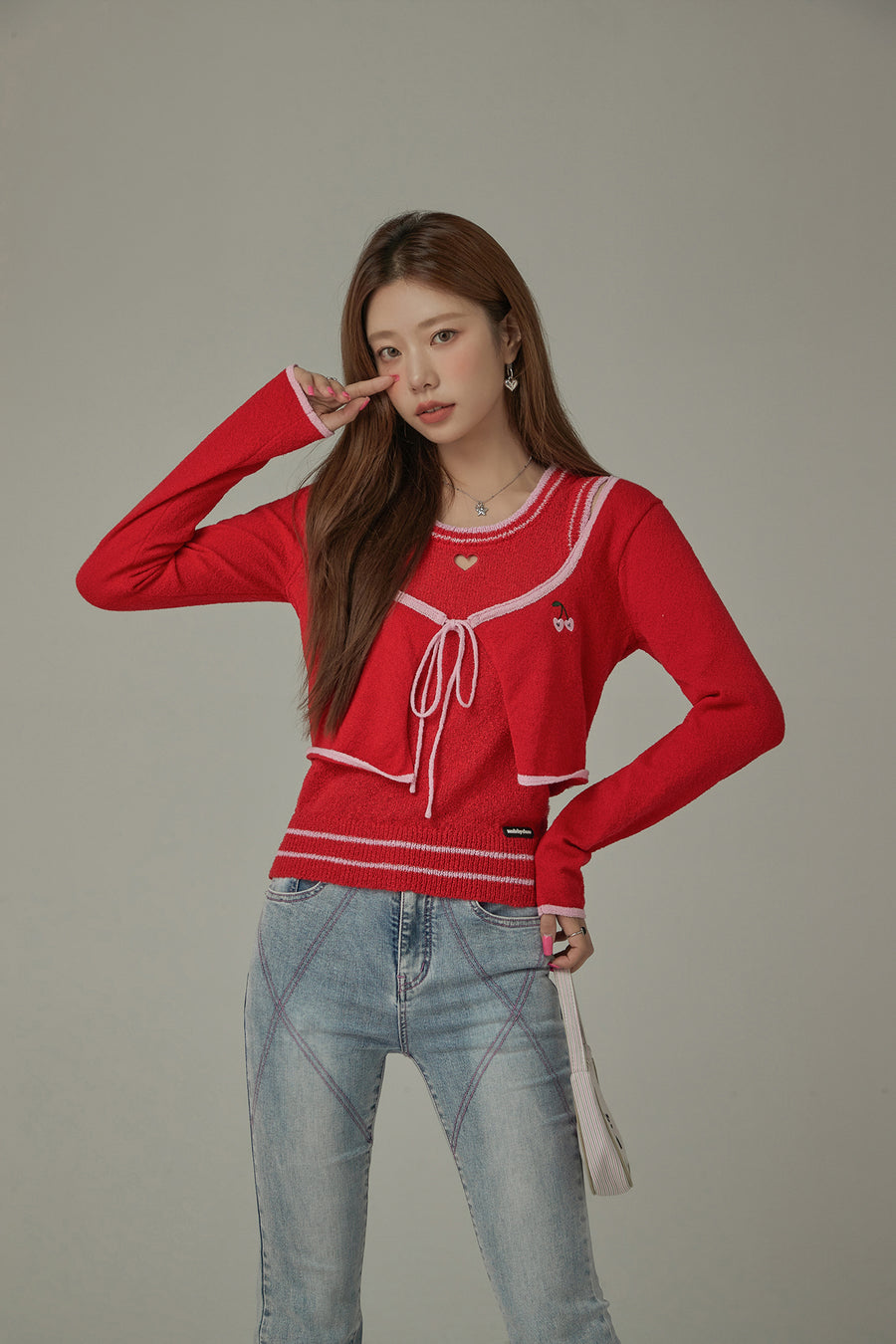 CHUU Little Cherry Embroidered Ribbon Tie Cardigan