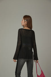 Heart Button Unbalanced Side Slit Knit Top