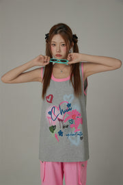 Graffiti Print U-Neck Boxy Sleeveless Top