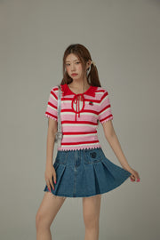 Stripe Ribbon Keyhole Knit Top