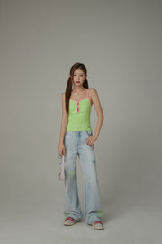 Color Shirred Keyhole Sleeveless Top