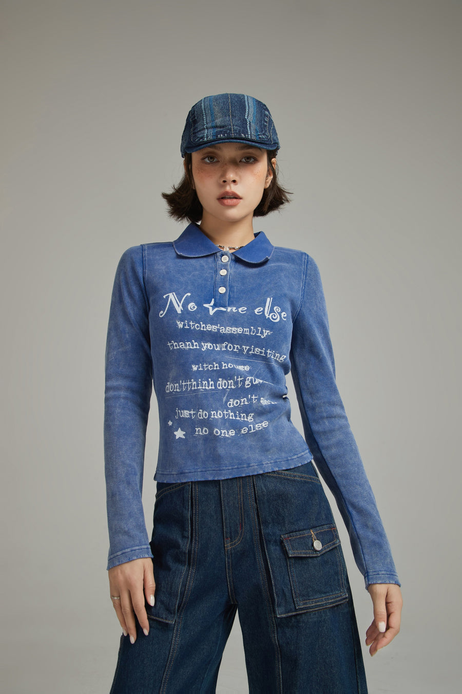 CHUU Polo Neck Lettering Vintage T-Shirt