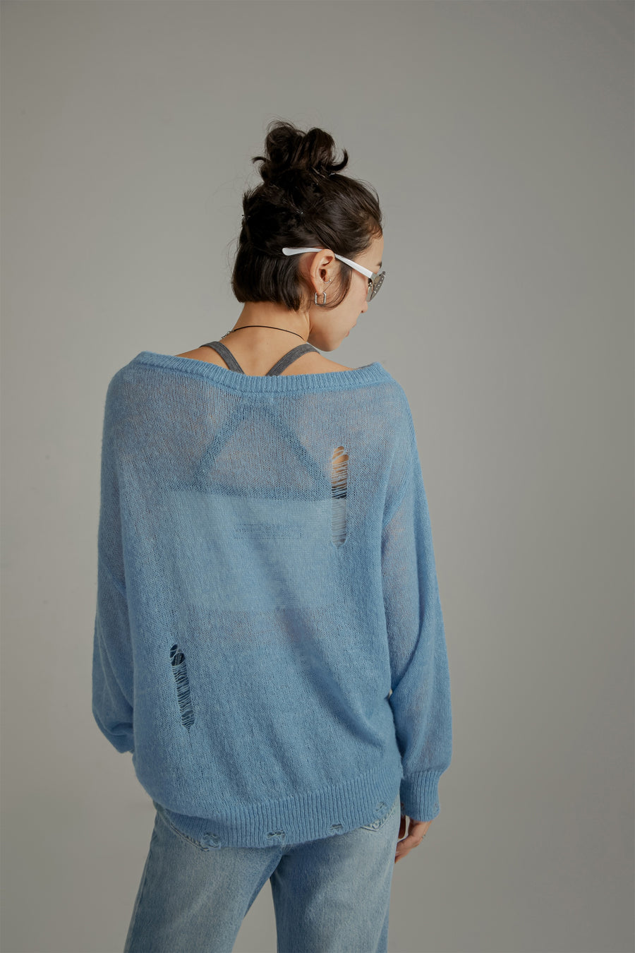 CHUU Distressed Ripped Thin Long Sleeved Knit Sweater