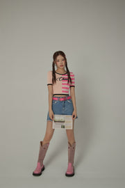 Chuu Lettering Half Striped Colorblocked Knit Crop Top