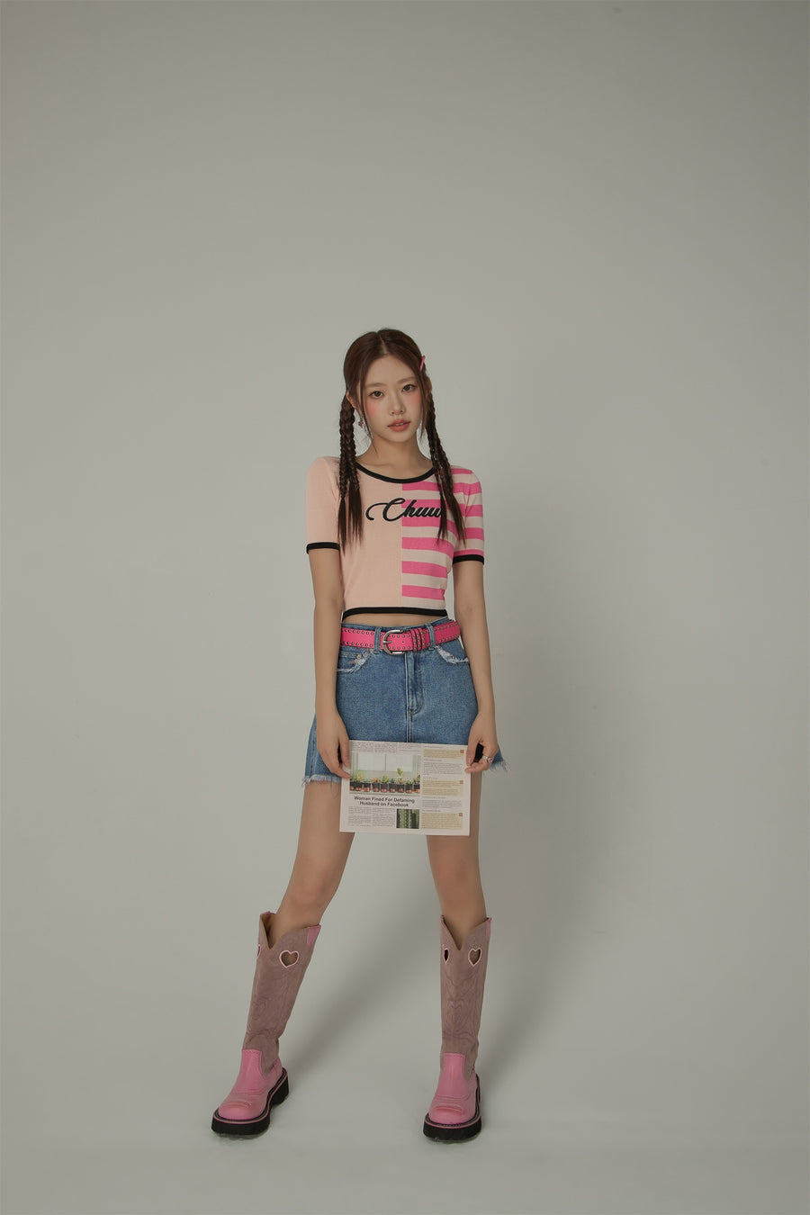 CHUU Chuu Lettering Half Striped Colorblocked Knit Crop Top