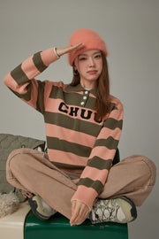 Polo Neck Striped Knit Top