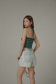 Exposed Logo Pocket Liner Distressed Denim Shorts