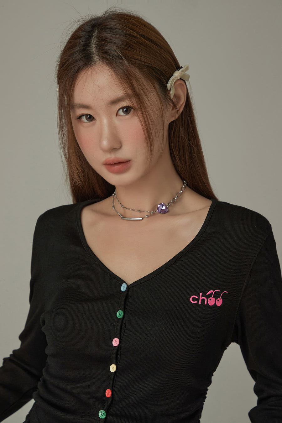 CHUU V- Neck Rainbow Button Logo Tie Up Top