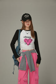 Heart Color Contrast Shirring T-Shirt