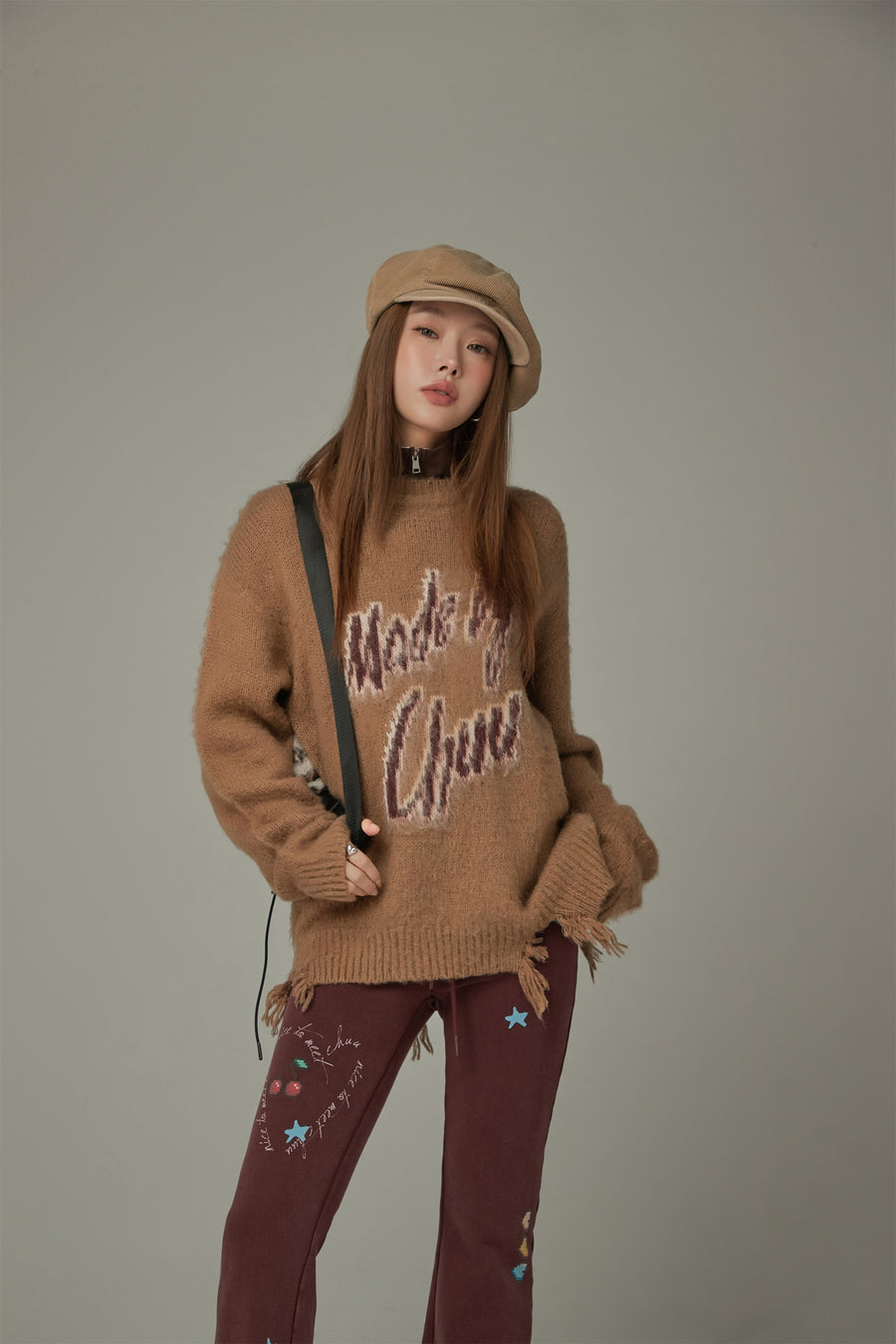 CHUU Logo Distressed Lettering Loose Fit Knit Sweater