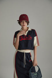 Vintage Letter Patch Short-Sleeve Colar Contrast Collar Crop Top