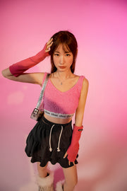 V-Neck Fuzzy Color Scheme Sleeveless Crop Top