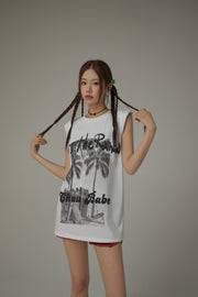 Over The Rainbow Printed Boxy Sleeveless Mid Length T-Shirt