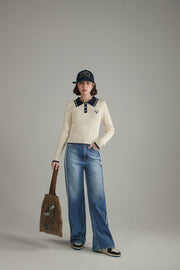 Polo Neck Color Combination Knit Top