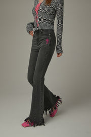 Frayed Tassel Hem Bootcut Denim Jeans