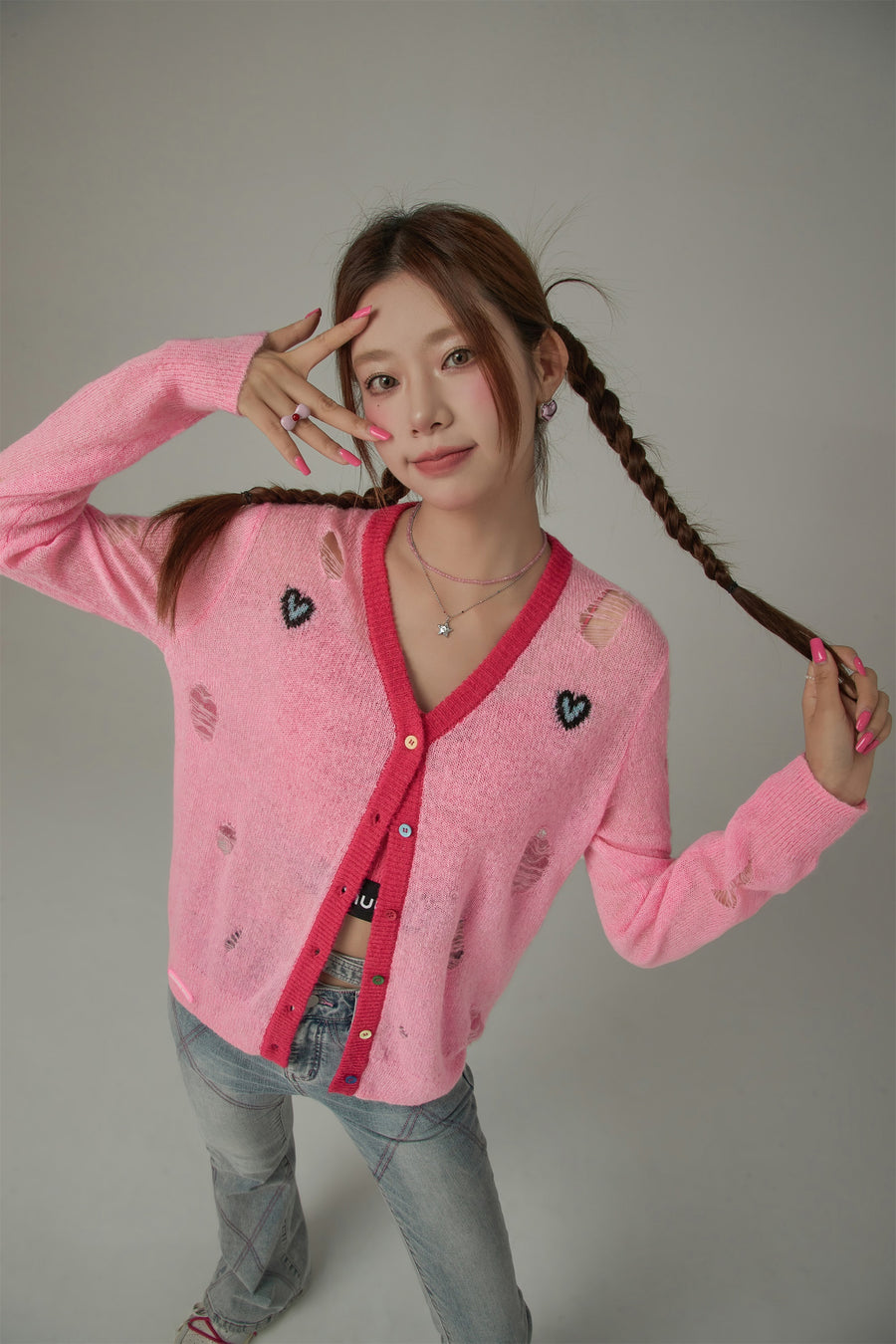 CHUU Distressed Heart Icon Rainbow Buttons Cardigan