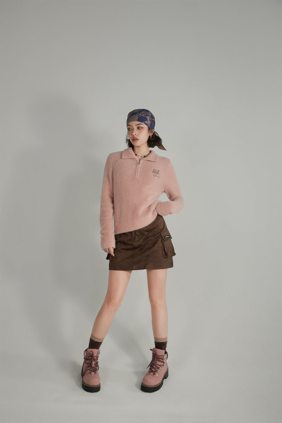 CHUU Mushroom Half Zip-Up Knit Sweater