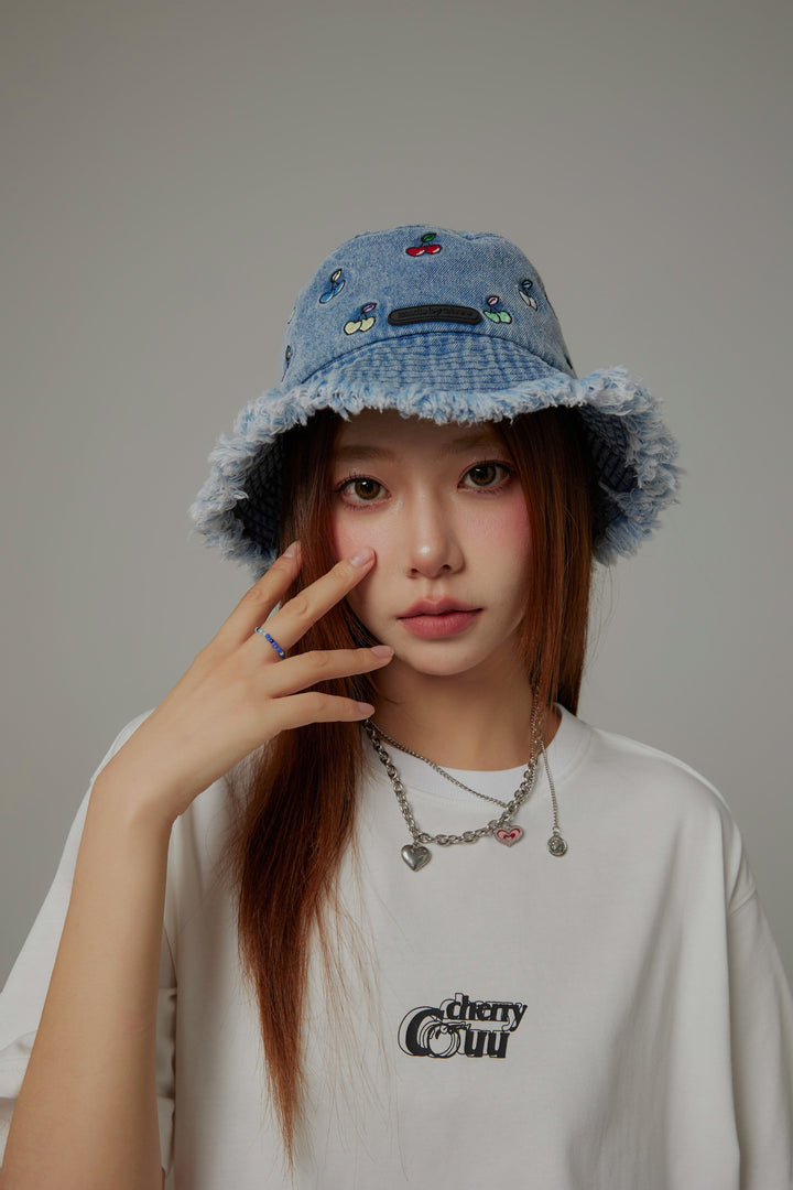 Multi Color Cherry Denim Bucket Hat