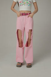 High Waist Distressed Ripped Open Wide-Leg Pants