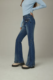 Washed Lined Stitched Semi Bootcut Denim Jeans