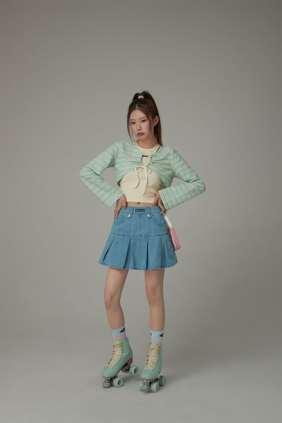 CHUU Denim Pleated Zipper Mini Skirt