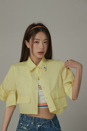 Puffy Sleeve Colored Pocket Crop Shirt