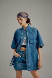 Distressed Embroidered Denim Short Sleeve Shirt