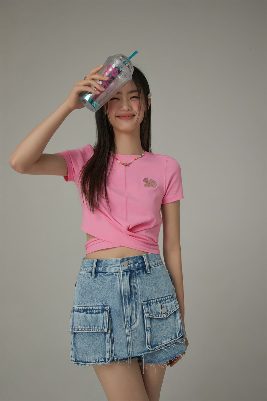 CHUU Embroidered Slim Back Cutout Cropped T-Shirt