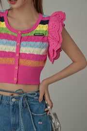 Ruffled Lace Striped Crop Knit Top