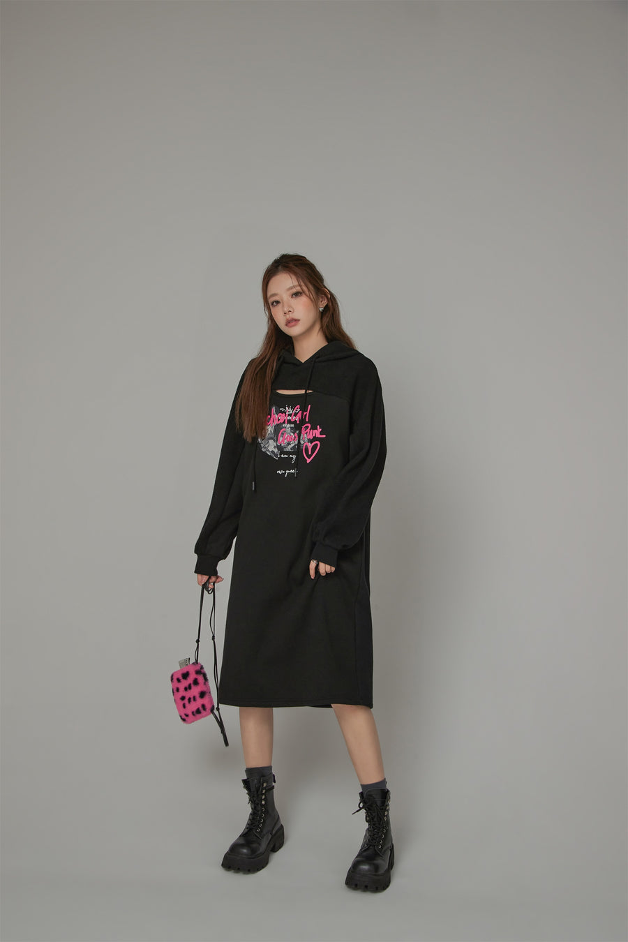 CHUU Front Slit Hooded Dress