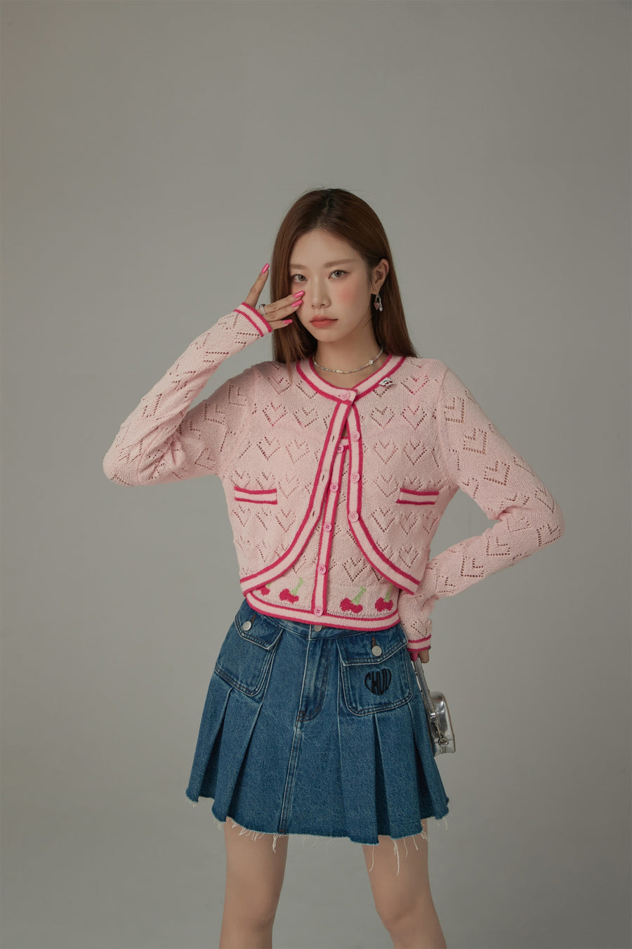 CHUU Dotted Hearts Long Sleeve Knit Cardigan