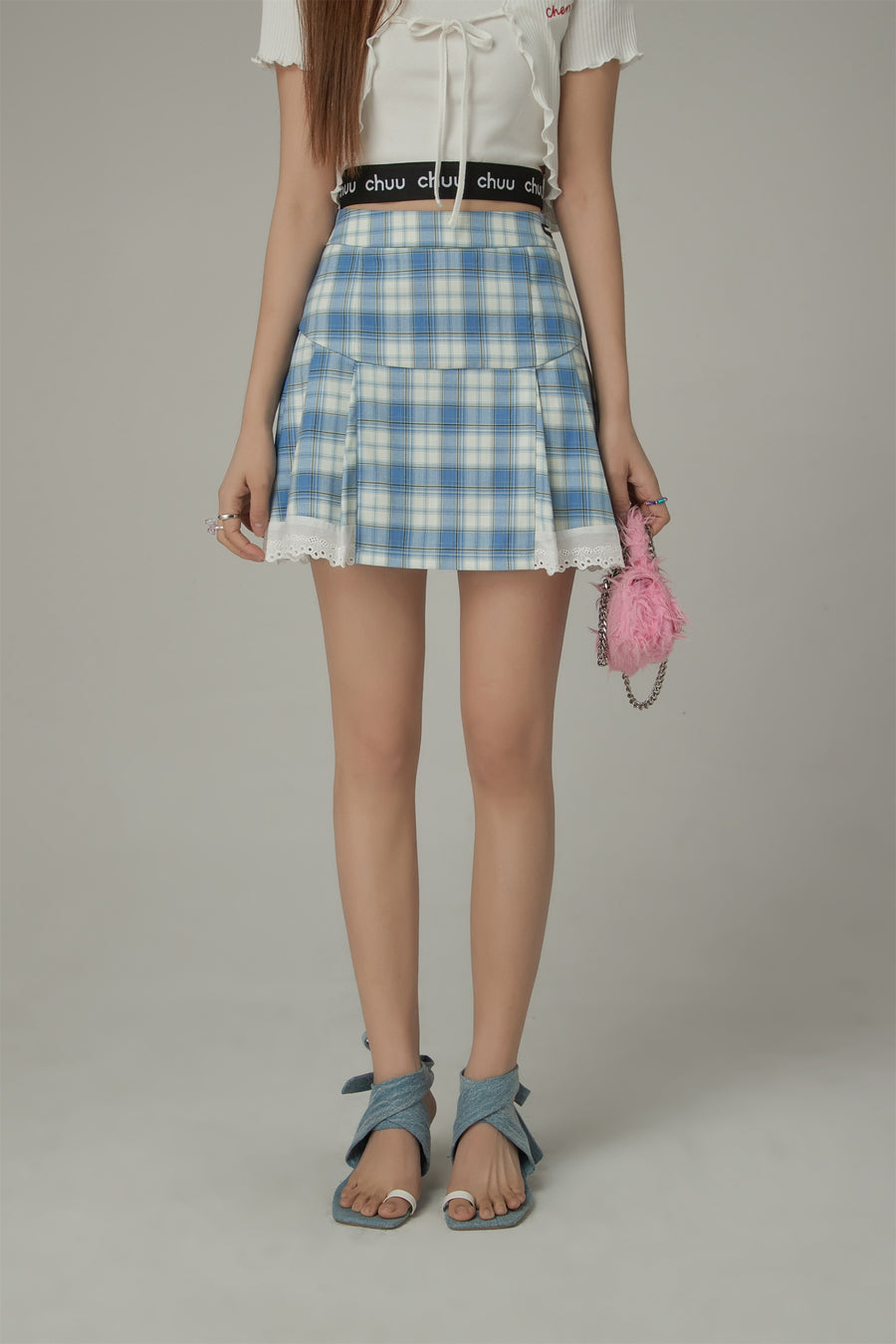 CHUU Checked Lace Hem Mini Skirt