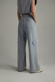 Elastic Waist Casual Diagonal Pocket Wide Leg Pants