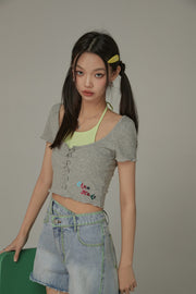 Halter Neck Eyelet Color Blocked T-Shirt