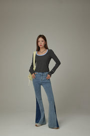 Criss Cross Belt Two Toned Bootcut Denim Pants