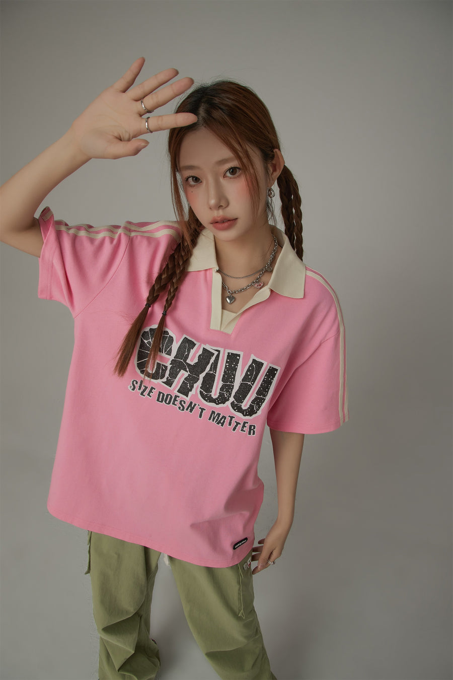 CHUU Size Doesnt Matter Open Collar Colorblocked Short Sleeve T-Shirt