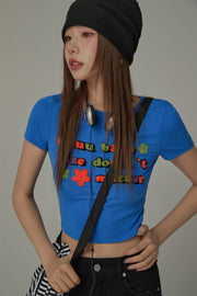 Size Doesnt Matter Colorful Embroidered Slim Crop T-Shirt