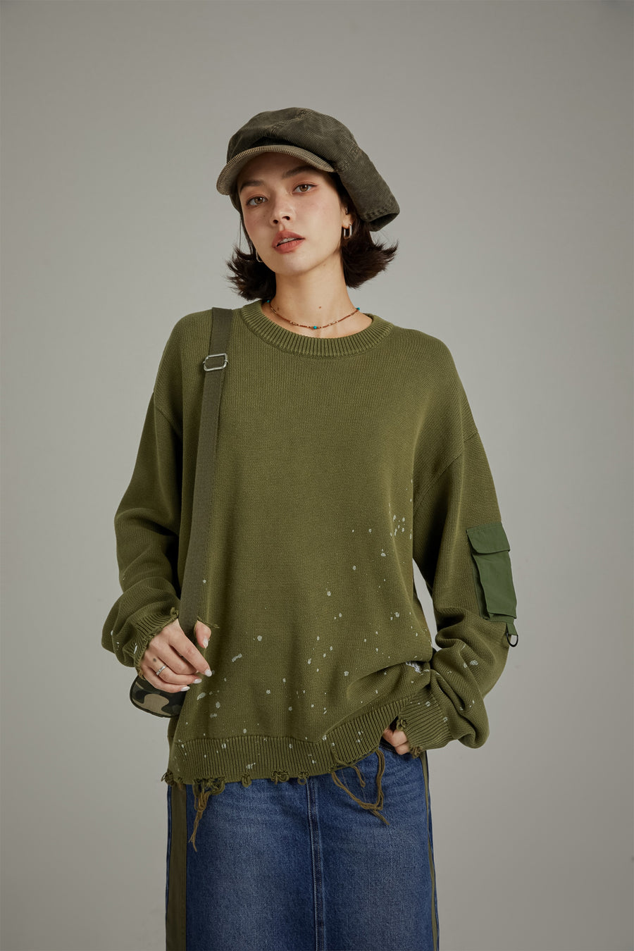 CHUU Pocket Paint Splatter Distressed Loose Fit Knit Sweater