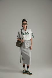 Vintage Distressed Colorblocked Drawstring Letter Embroidered Long Skirt