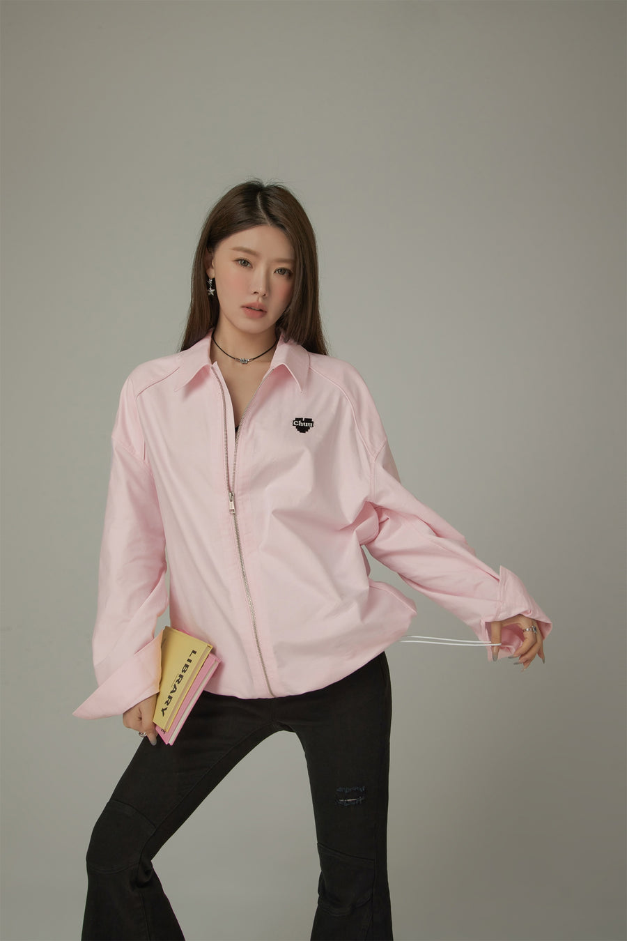 CHUU Size Doesnt Matter Drawstring Color Shirt Zip-Up